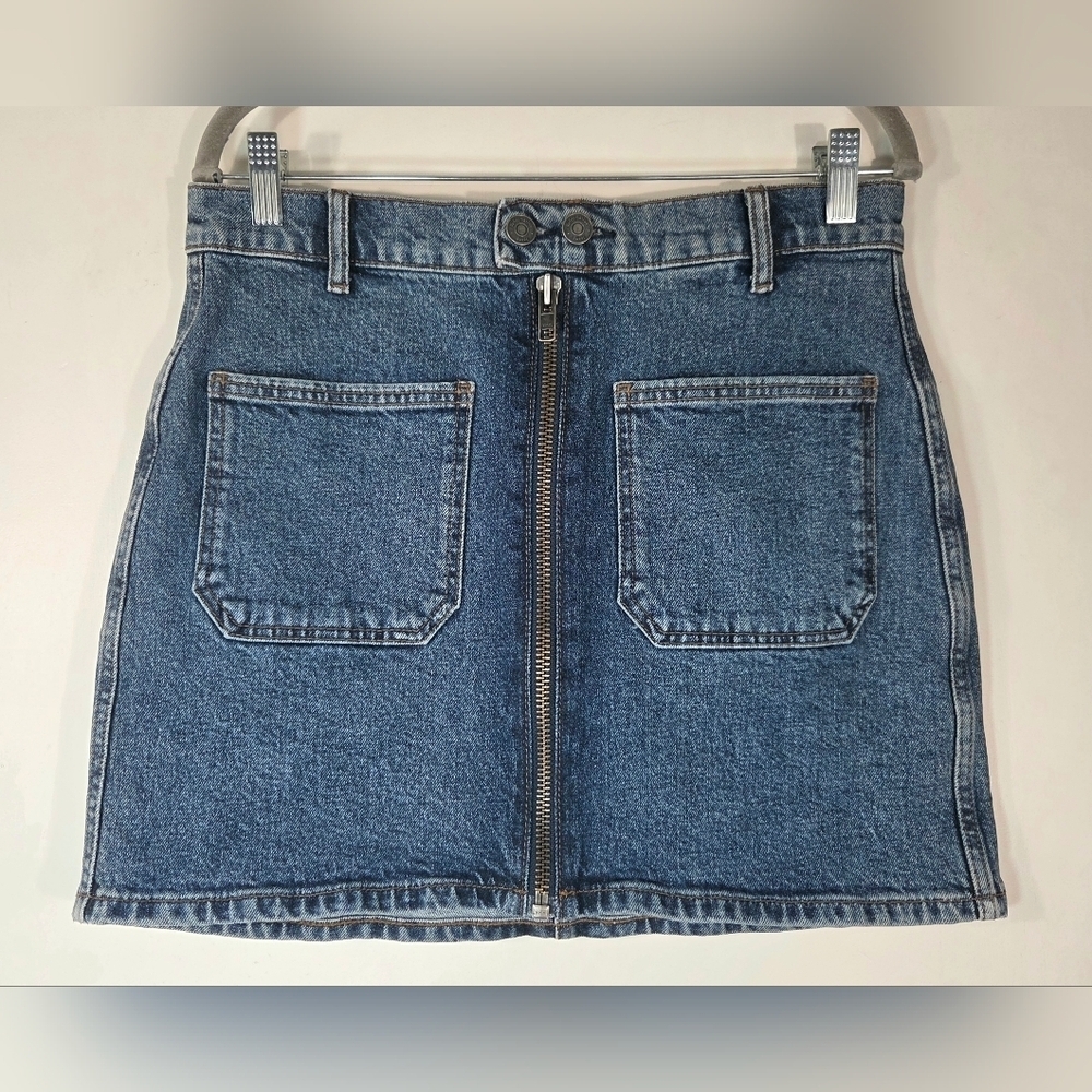 REFORMATION ANNA PATCH POCKET DENIM MINI SKIRT.